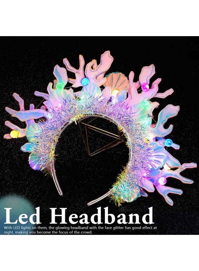 JAKAWIN JAKAWIN Light Up Mermaid Headband Glowing Coral Hair Band Seashell Pearl Led Ocean Costume Hair Accessories for Women  - Image 3