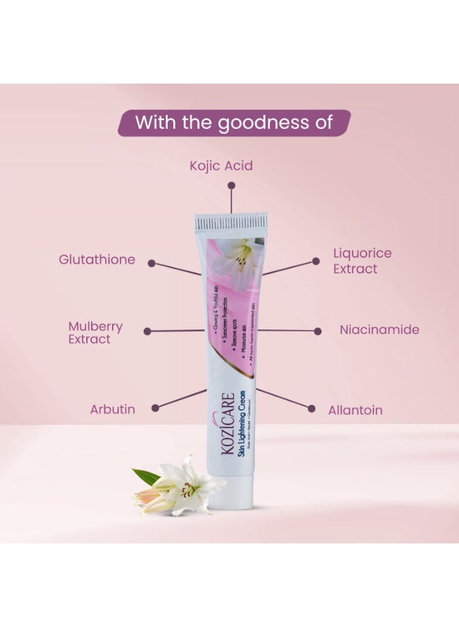 Kozicare Skin Lightening Non-Sticky Cream Lotion | Enriched with 3% Kojic Acid, 1% Alpha Arbutin, 1% Glutathione, 2% Niacinamide, 2% Vitamin C | Best for Melasma, Pigmentation, Dark/Age Spots, Uneven Skin Shade - 15gm (Pack of 4) (New Formula) - Image 3