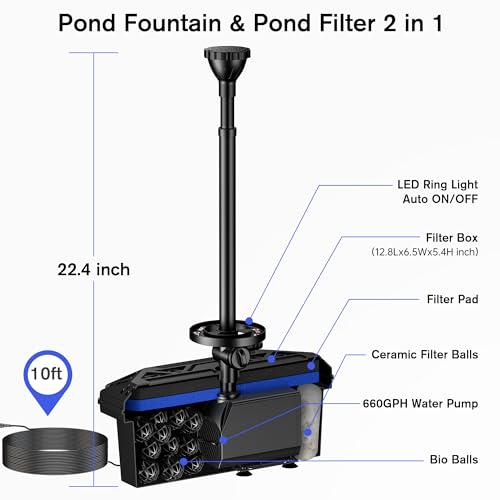 NFESOLAR Pond Filter with Fountain Pump Kits, 660GPH Pond Filter Fountain with Colorful Lights, Multi-layer Filtration, for Outdoor Ponds Up to 2000 Gallons, Fish Tank, Waterscape - Corded Electric - Image 5