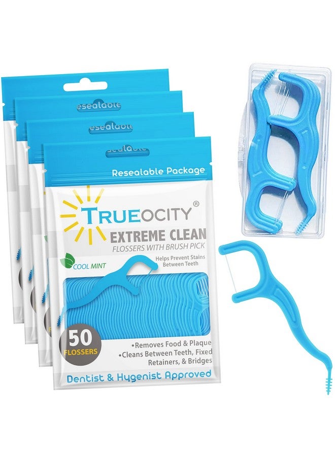 Trueocity Dental Flossers Brush Picks 4 Pack w/Travel Case (200 Total Count), Dental Floss Glides Easy Between Teeth, Flosser Helps Prevent Tooth Decay & Gum Disease, Easy Grip Handle, Mint Flavored - Image 1