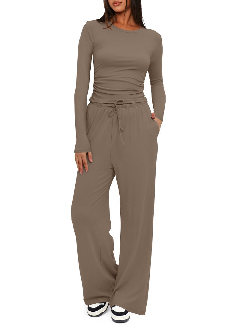 Darong Womens 2 Piece Outfit Long Sleeve Pullover Tops Wide Leg Pants Set Tracksuits 9065A Light Khaki S - Image 1