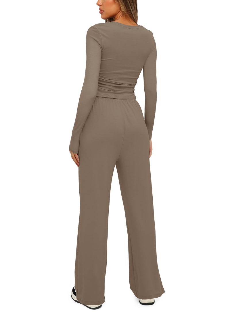 Darong Womens 2 Piece Outfit Long Sleeve Pullover Tops Wide Leg Pants Set Tracksuits 9065A Light Khaki S - Image 2