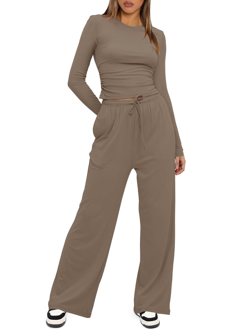Darong Womens 2 Piece Outfit Long Sleeve Pullover Tops Wide Leg Pants Set Tracksuits 9065A Light Khaki S - Image 3