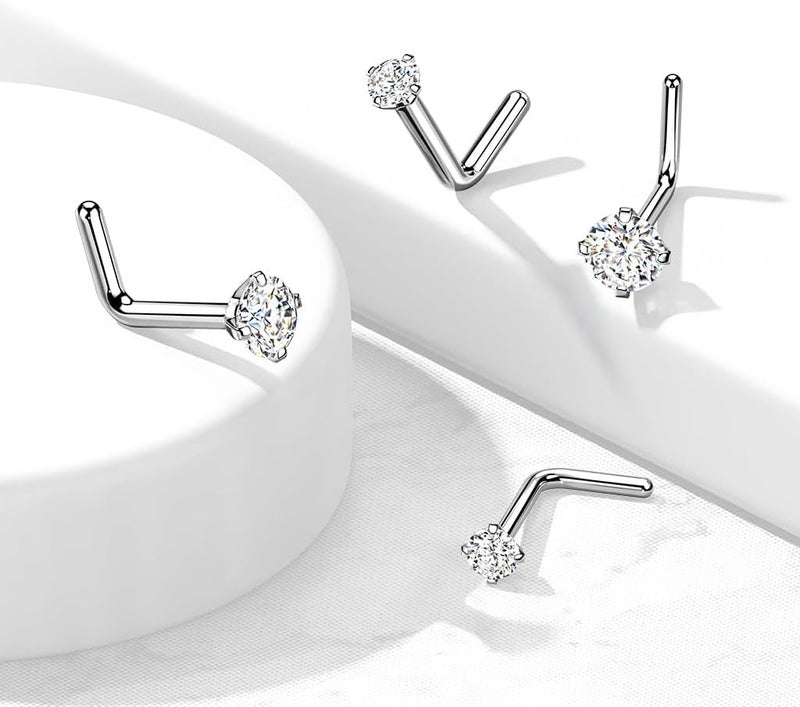 FifthCue Solid Titanium L Bend Nose Stud Ring with Prong Set CZ Gem - Image 3