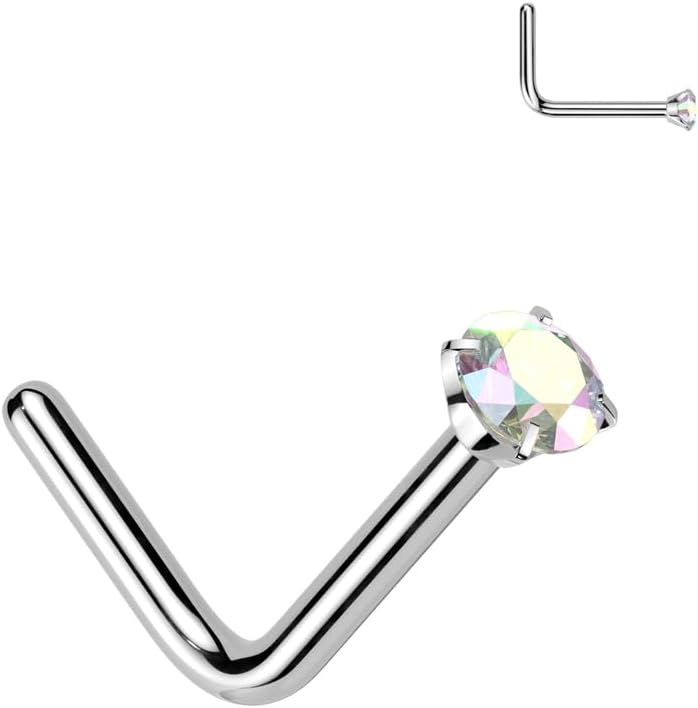FifthCue Solid Titanium L Bend Nose Stud Ring with Prong Set CZ Gem - Image 1