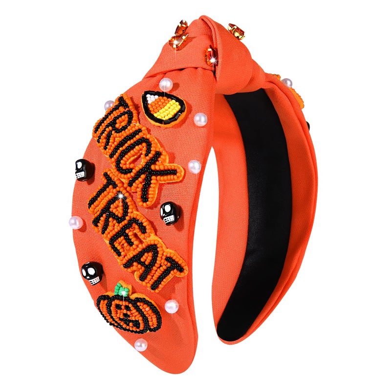 PHALIN Halloween Headband for Women Halloween Accessories Rhinestone Beaded Candy Corn Pumpkin Knotted Headband Costume Gifts Trick Treat