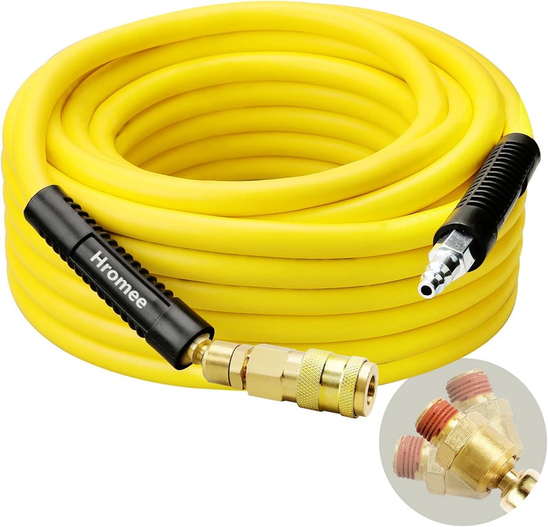 Hromee Air Compressor Hose 3/8 in x 50 ft Hybrid Rubber & PVC Hose with 1/4 in MNPT Swivel End Connector and Quick Universal Industrial Coupler & Plug Kit 300 PSI Yellow - Image 1