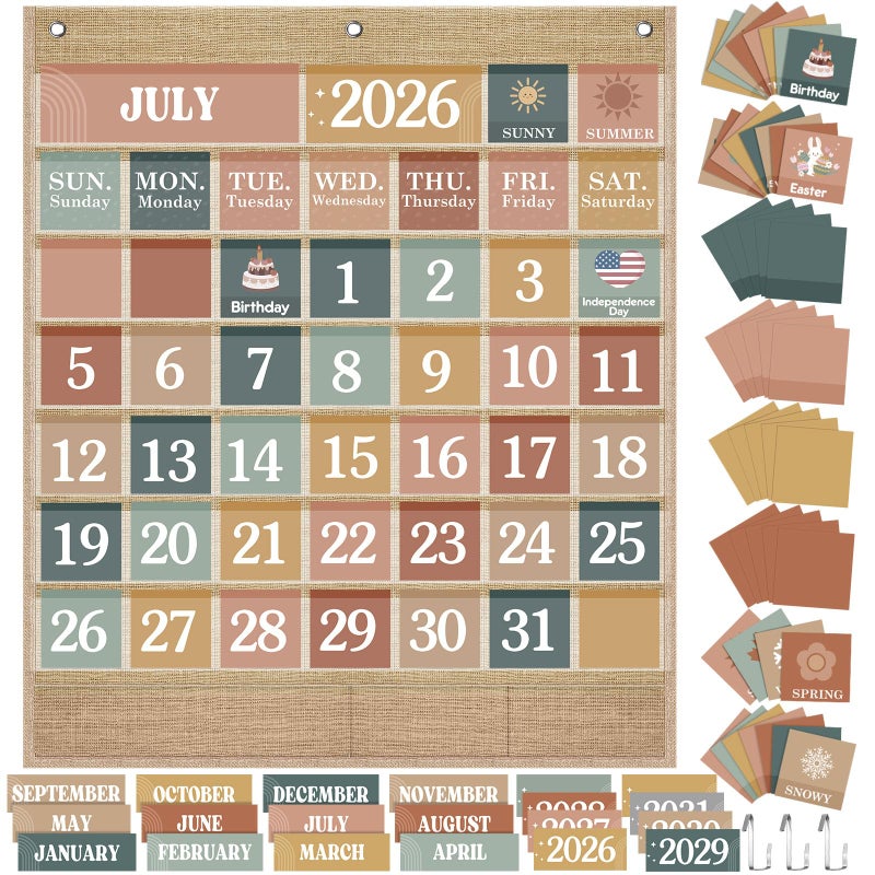 مجموعة تقويم جيبية للفصول الدراسية من سينلود، مجموعة لوحة إعلانات تقويمية مع جيب، تقويم الفصول الدراسية، المهرجانات، الطقس، مخطط جيبي لتزيين الفصول الدراسية، لوازم العودة إلى المدرسة (نمط بوهو عصري) - Image 1