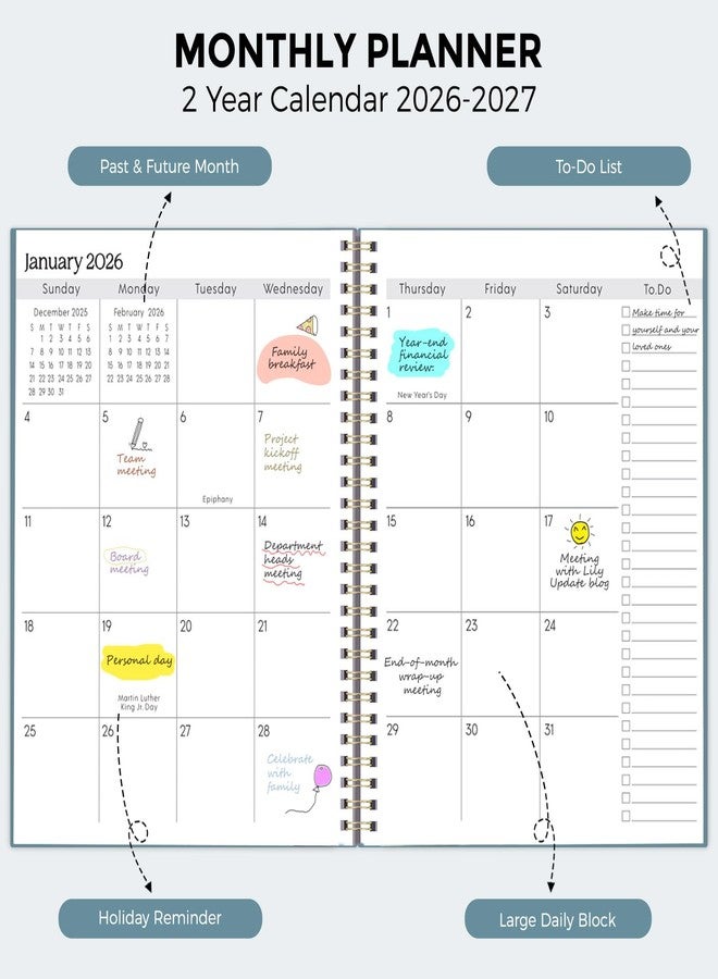 SKYDUE Monthly Planner 2026-2027, 24 Months Calendar Planner 2026-2027, 7.5" x 10" B5 Planner, Blue - Image 2