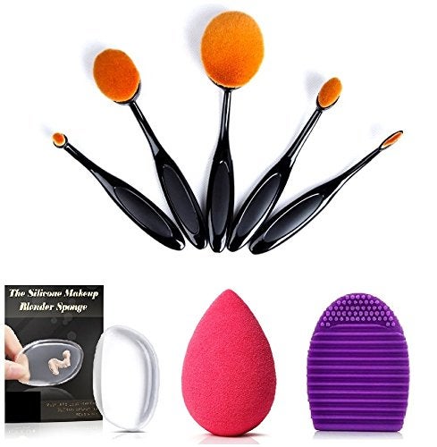 OUT OF BOX Kelley Make Up Foundation Powder Concealer Oval Blending Brushes with Silicone Jelly Sponge; Beauty Blender Puff and Brush Cleaner Brushegg (Set of 8) 5 Pieces - Image 1