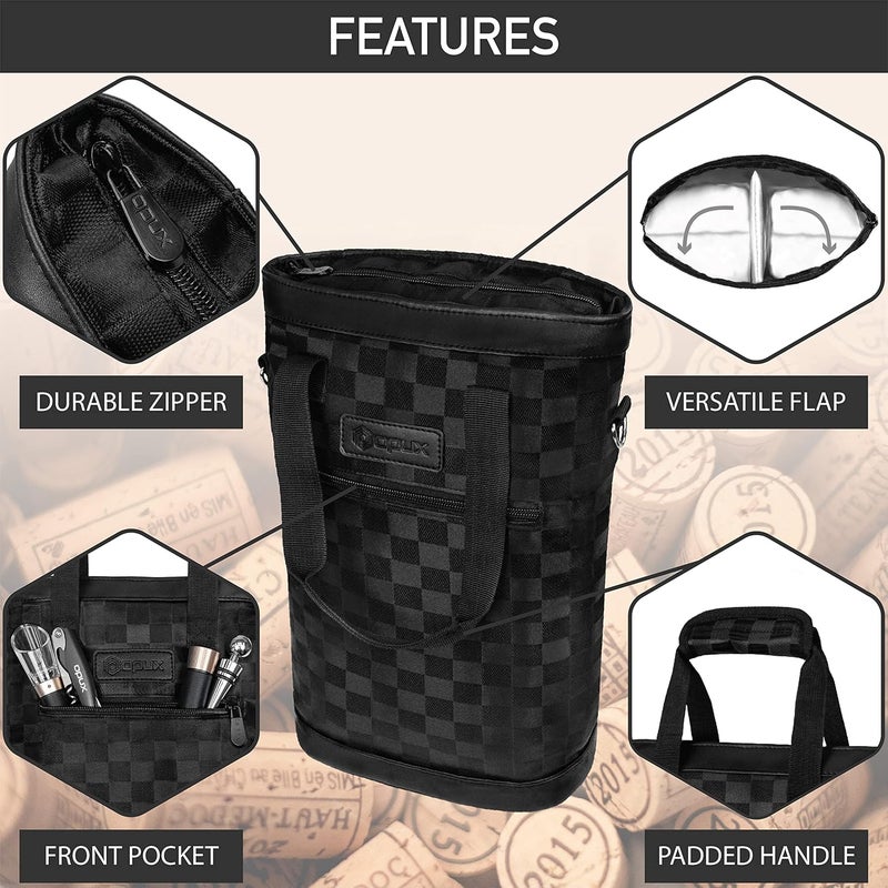 OPUX حقيبة حمل نبيذ بزاويتين، حقيبة نبيذ معزولة مقاومة للتسرب لحمل 2 زجاجة نبيذ للسفر، نزهة BYOB، حقيبة نبيذ محمولة، هدية للرجال والنساء عشاق النبيذ في حفلات عيد الميلاد، مربعة سوداء - Image 5