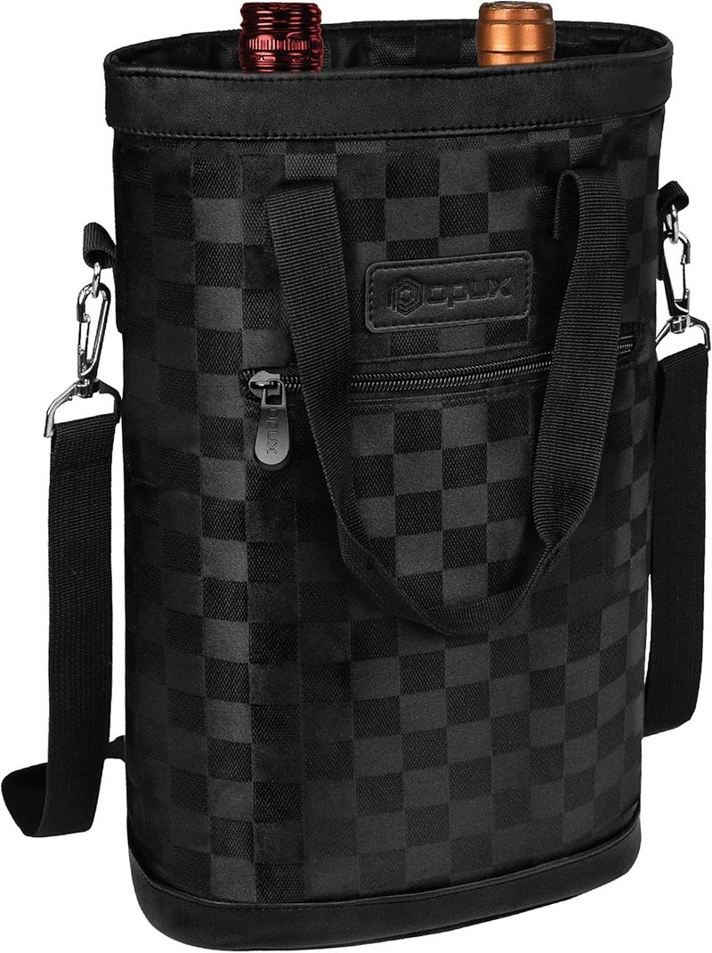 OPUX حقيبة حمل نبيذ بزاويتين، حقيبة نبيذ معزولة مقاومة للتسرب لحمل 2 زجاجة نبيذ للسفر، نزهة BYOB، حقيبة نبيذ محمولة، هدية للرجال والنساء عشاق النبيذ في حفلات عيد الميلاد، مربعة سوداء - Image 2