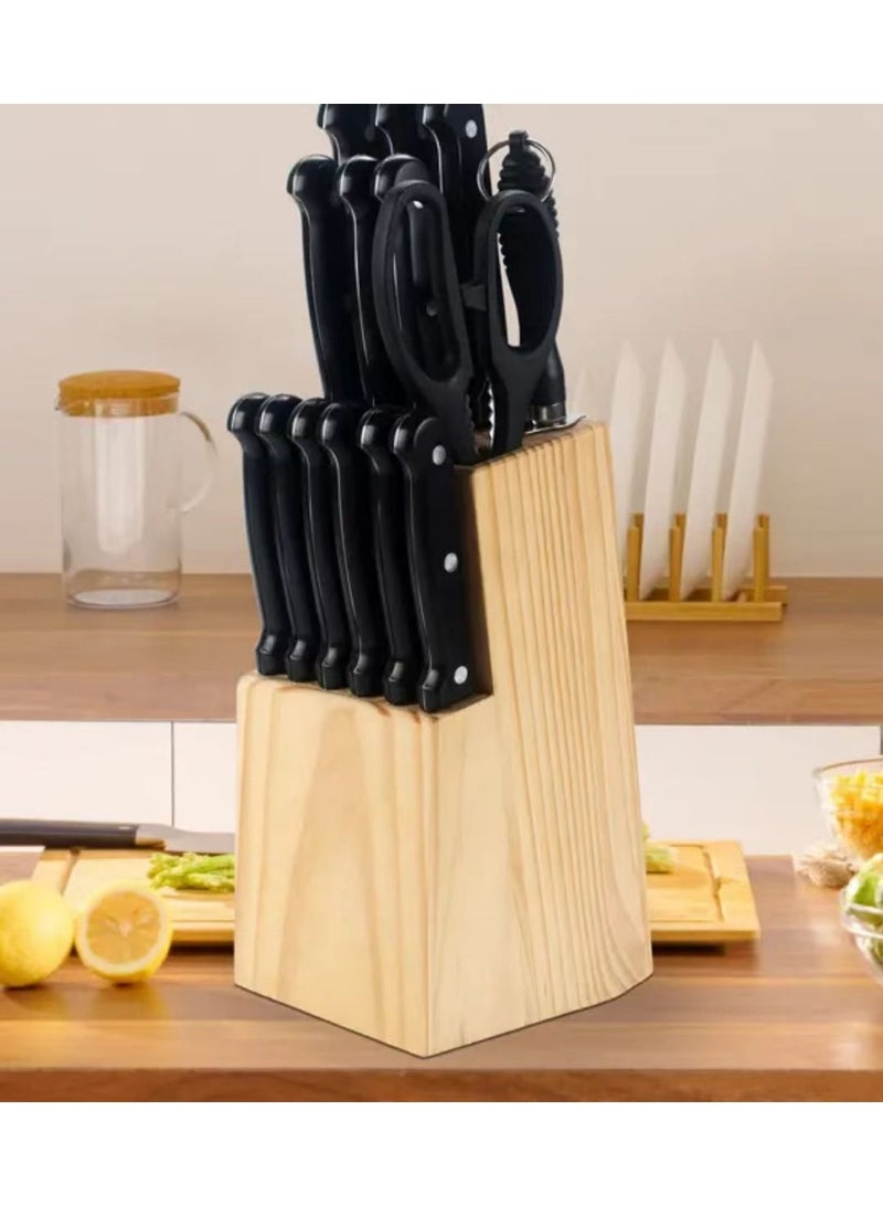 مجموعة سكين مطبخ من الفولاذ المقاوم للصدأ عالي الكربون مكونة من 14 قطعة مع مبراة وكتلة خشب الصنوبر ، أبيض - Image 1