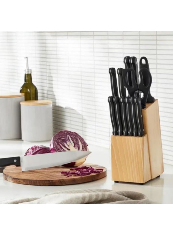 مجموعة سكين مطبخ من الفولاذ المقاوم للصدأ عالي الكربون مكونة من 14 قطعة مع مبراة وكتلة خشب الصنوبر ، أبيض - Image 2