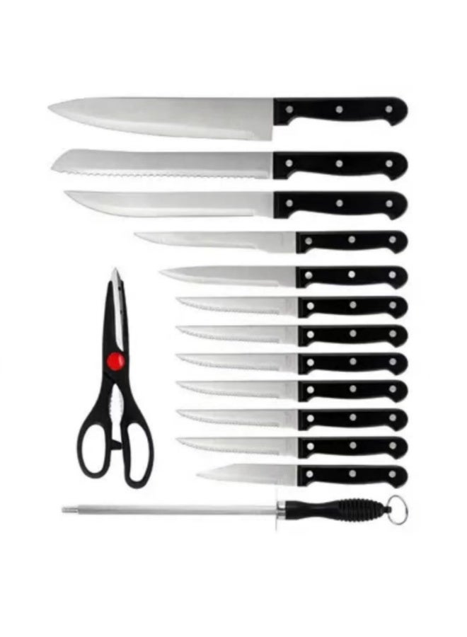 مجموعة سكين مطبخ من الفولاذ المقاوم للصدأ عالي الكربون مكونة من 14 قطعة مع مبراة وكتلة خشب الصنوبر ، أبيض - Image 3