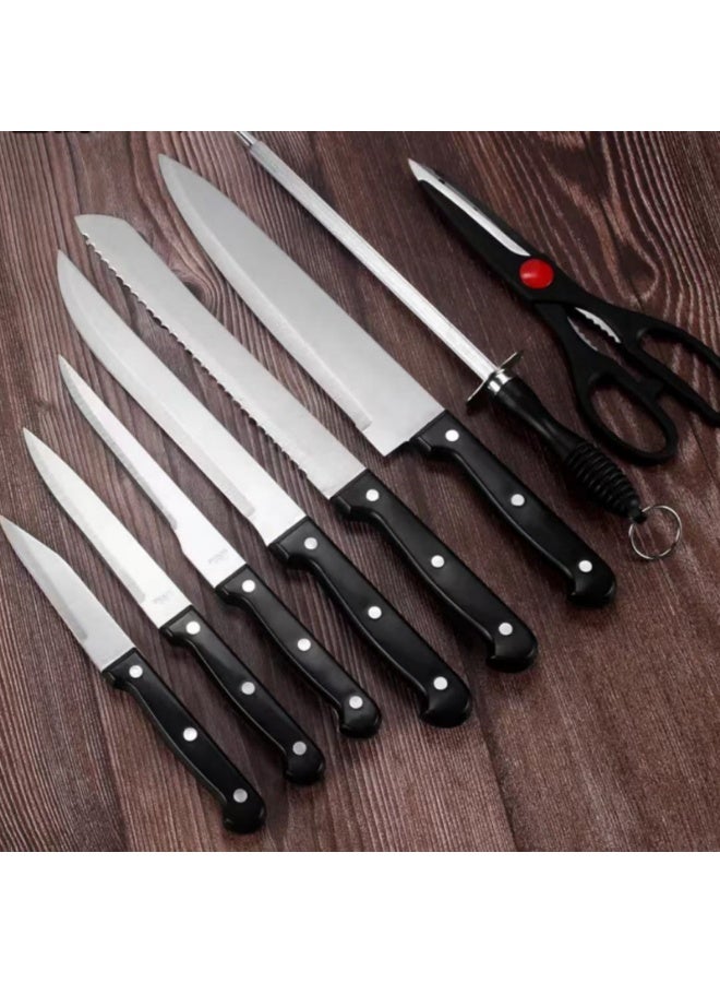 مجموعة سكين مطبخ من الفولاذ المقاوم للصدأ عالي الكربون مكونة من 14 قطعة مع مبراة وكتلة خشب الصنوبر ، أبيض - Image 4