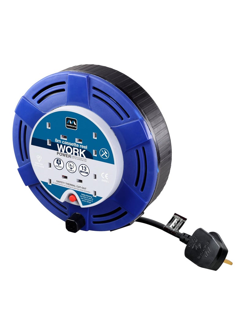 MASTERPLUG Masterplug MSTMCT08134R Four Socket Cassette Reel Extension Lead, 8 Metres, Blue  - Image 1