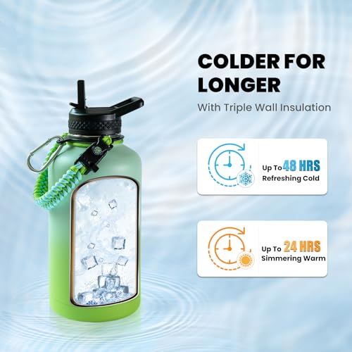 RAYMYLO Insulated Water Bottle 64 oz, Triple Wall Vacuum Stainless Steel (Cold for 48 Hrs), Leak Proof & Non-BPA, Half Gallon Water Flask Jug with Paracord Handle & Straw Spout Lids - Image 2