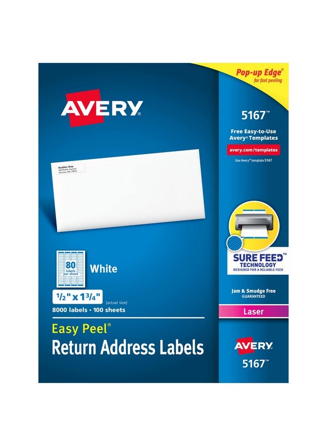 افيري ملصقات عناوين الإرجاع القابلة للطباعة مع Sure Feed، 0.5 بوصة × 1.75 بوصة، بيضاء، 8000 ملصق بريد فارغ (05167) - Image 1