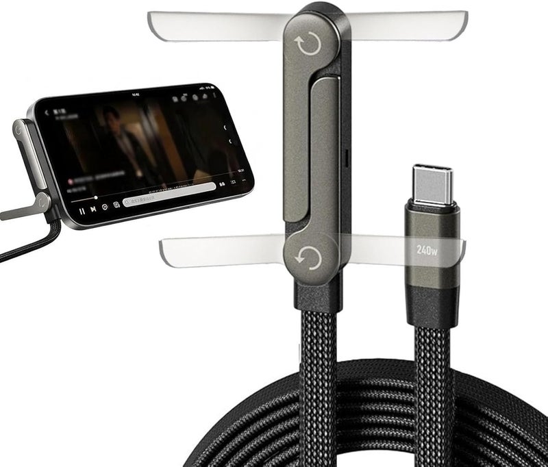 240W Foldable Braided Fast Charging Cable with Built-in Phone Holder for Smartphones and Tablets - Image 2