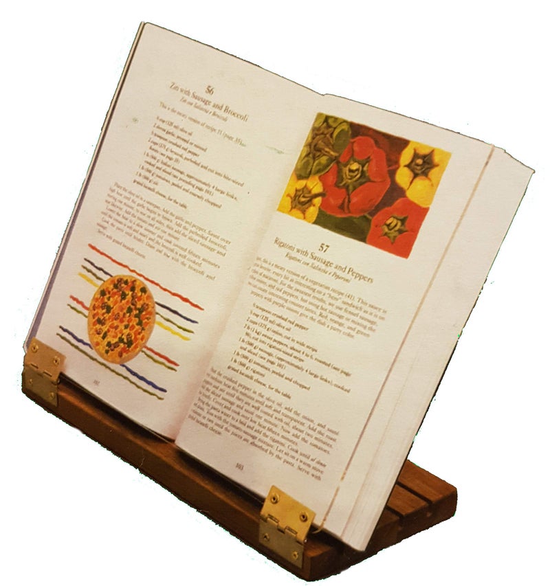Original Hinged Cookbook Holder Acrylic Shield With Wood Base and Brass Plated Hinges Made in the USA