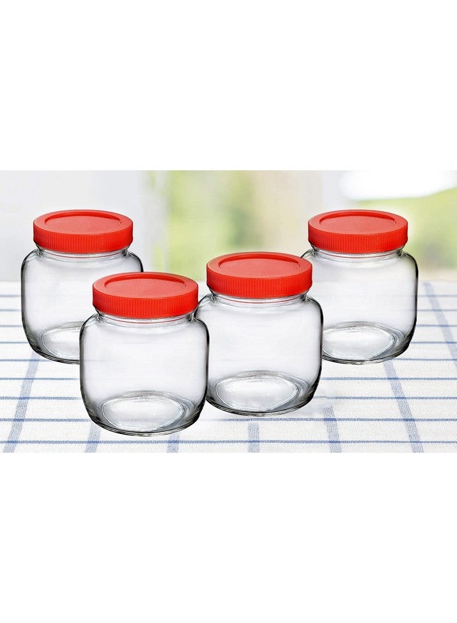 Cloudmart CLOUDMART Piramal Glass Round Shape Clear Jars and Containers for Kitchen Pantry, Snacks, Masala, Pickles, Dry Fruits, and Coffee Beans Storage with Red Color Plastic Lid (Aahar Jar, 300ml, Set Of 4)  - Image 1