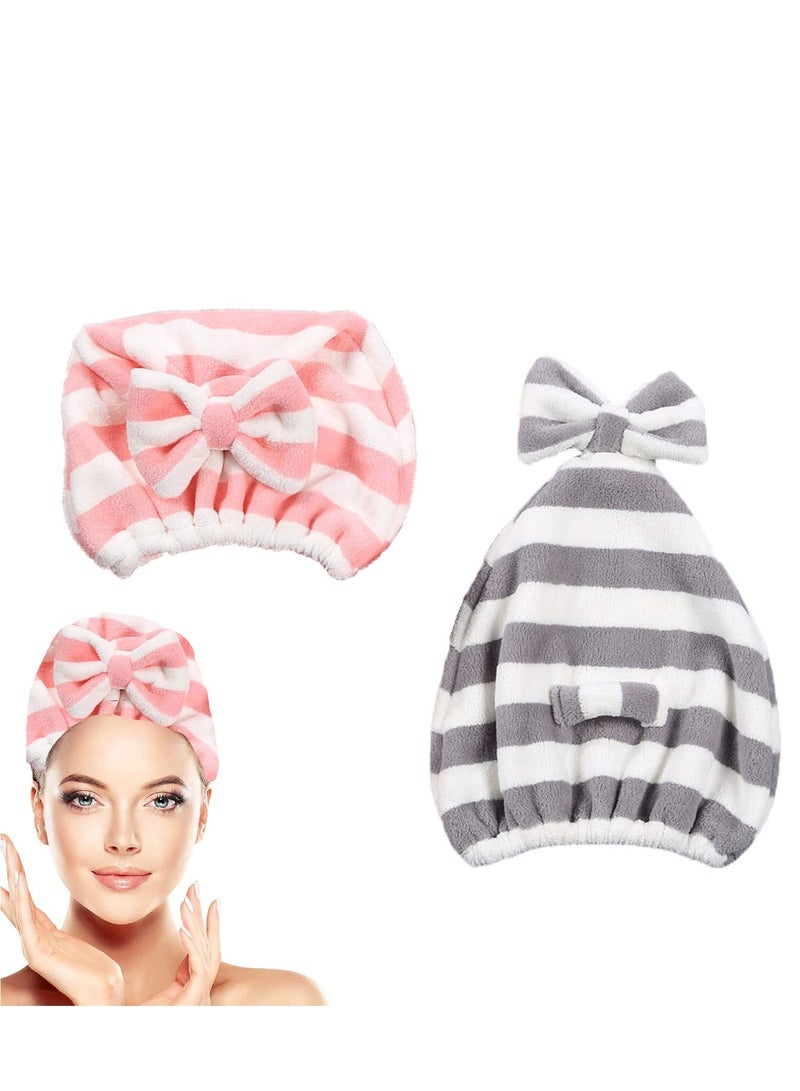Microfiber Hair Towel Cap 2 Pack Rapid Drying For for Wet Hair, Care Accessory, Ultra Soft Super Absorbent Turban Gray and Pink Bow Wrap - Image 1