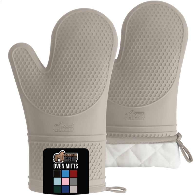 GORILLA GRIP BPA-Free Soft Silicone Oven Mitts, Heat Resistant and Waterproof Cooking Gloves, Thick Cotton Lining, Flexible Gripping for Baking Grilling, Kitchen Potholders Set of 2, 12.5x8.3, Almond - Image 1