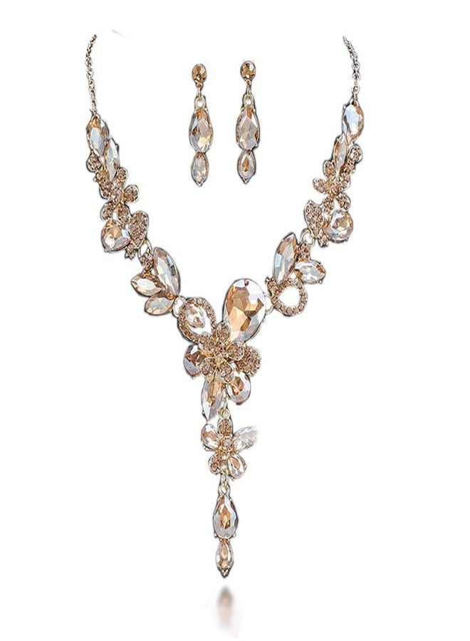 Zthread Rhinestone Crystal Bridal Necklace Floarl Teardrop Collar Necklace Dangle Earrings Jewelry Set for Women (Champagne) - Image 1