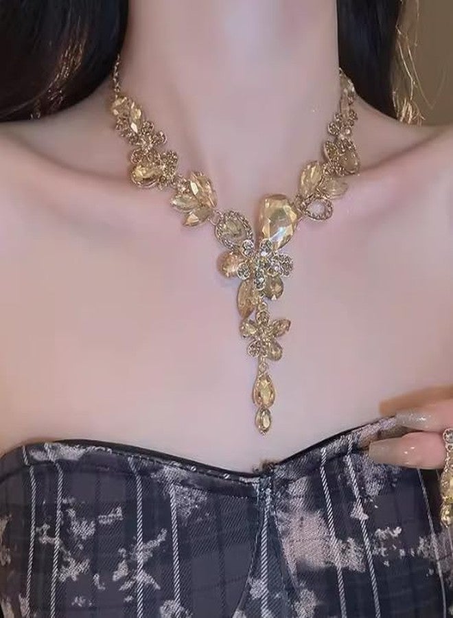 Zthread Rhinestone Crystal Bridal Necklace Floarl Teardrop Collar Necklace Dangle Earrings Jewelry Set for Women (Champagne) - Image 2
