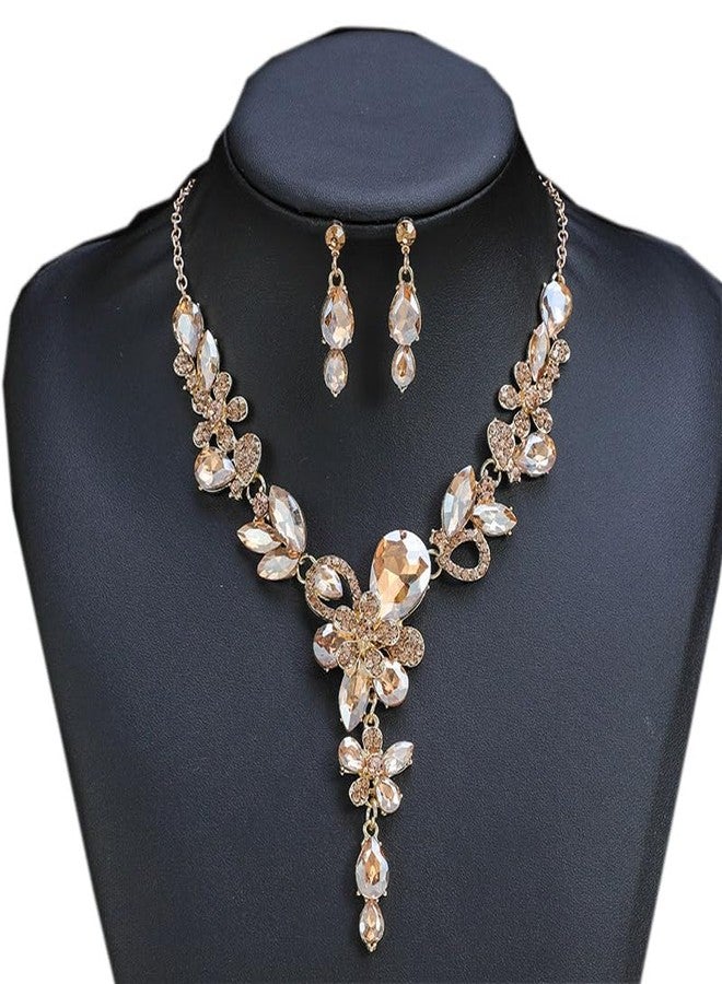 Zthread Rhinestone Crystal Bridal Necklace Floarl Teardrop Collar Necklace Dangle Earrings Jewelry Set for Women (Champagne) - Image 4