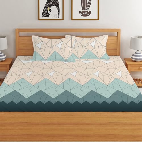 LOOMLYFE 300 TC Cotton Feel Glace Cotton Elastic Fitted Printed Queen Size Double Bed Bedsheet with 2 Pillow Covers Fits Upto 8 inches,Size- 60x78x10 Inches, BeigeGreenTri - Image 2