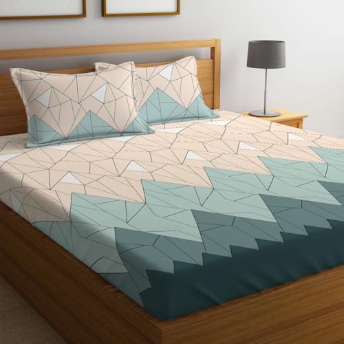 LOOMLYFE 300 TC Cotton Feel Glace Cotton Elastic Fitted Printed Queen Size Double Bed Bedsheet with 2 Pillow Covers Fits Upto 8 inches,Size- 60x78x10 Inches, BeigeGreenTri - Image 1