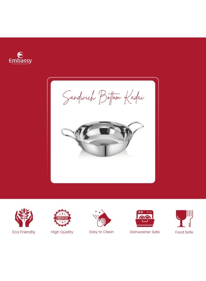 EMBASSY Stainless Steel Sandwich Bottom Kadhai (Size 11, 21 cms) - 1400 ml - Image 2
