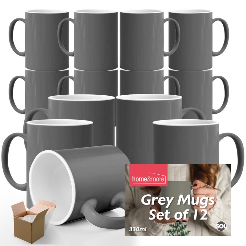 SOL Grey Mugs Set of 12  330ml Coffee and Tea Cups  Durable Ceramic Drinkware for Hot Beverages Latte Cappuccino Office Home Caf Dishwasher  Microwave Safe