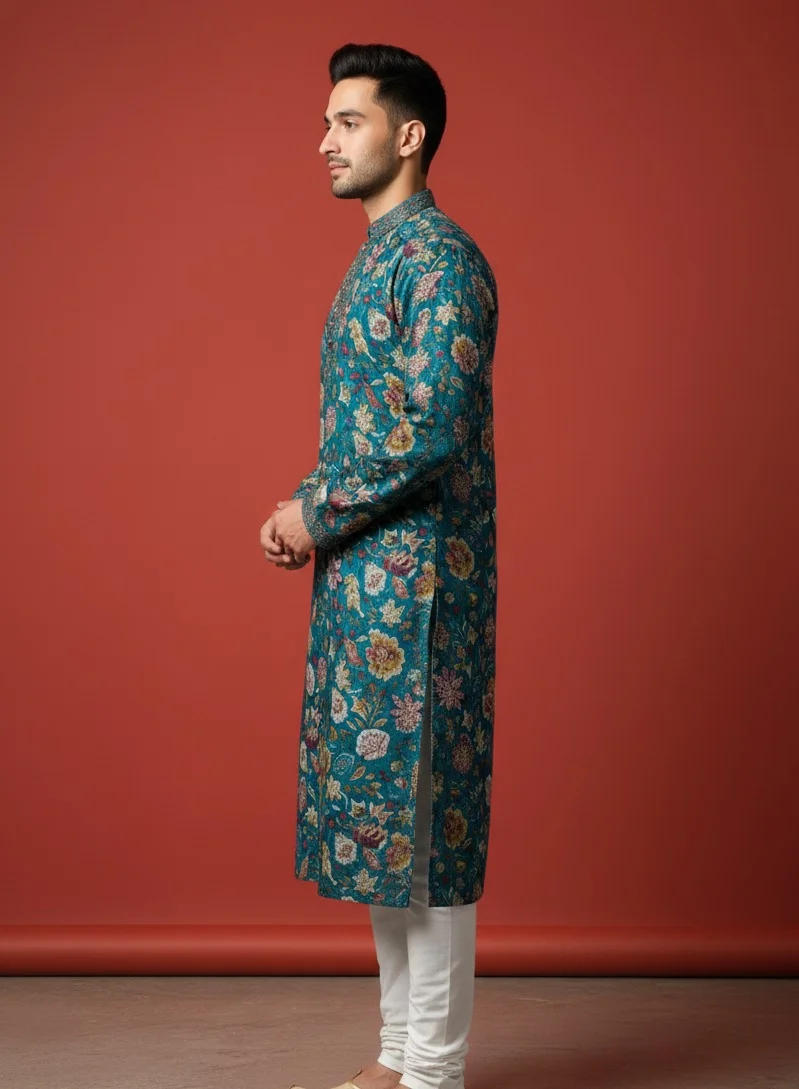 Lehar  Teal Floral Printed Kurta with Thread Detailing for Men | Best Price UAE