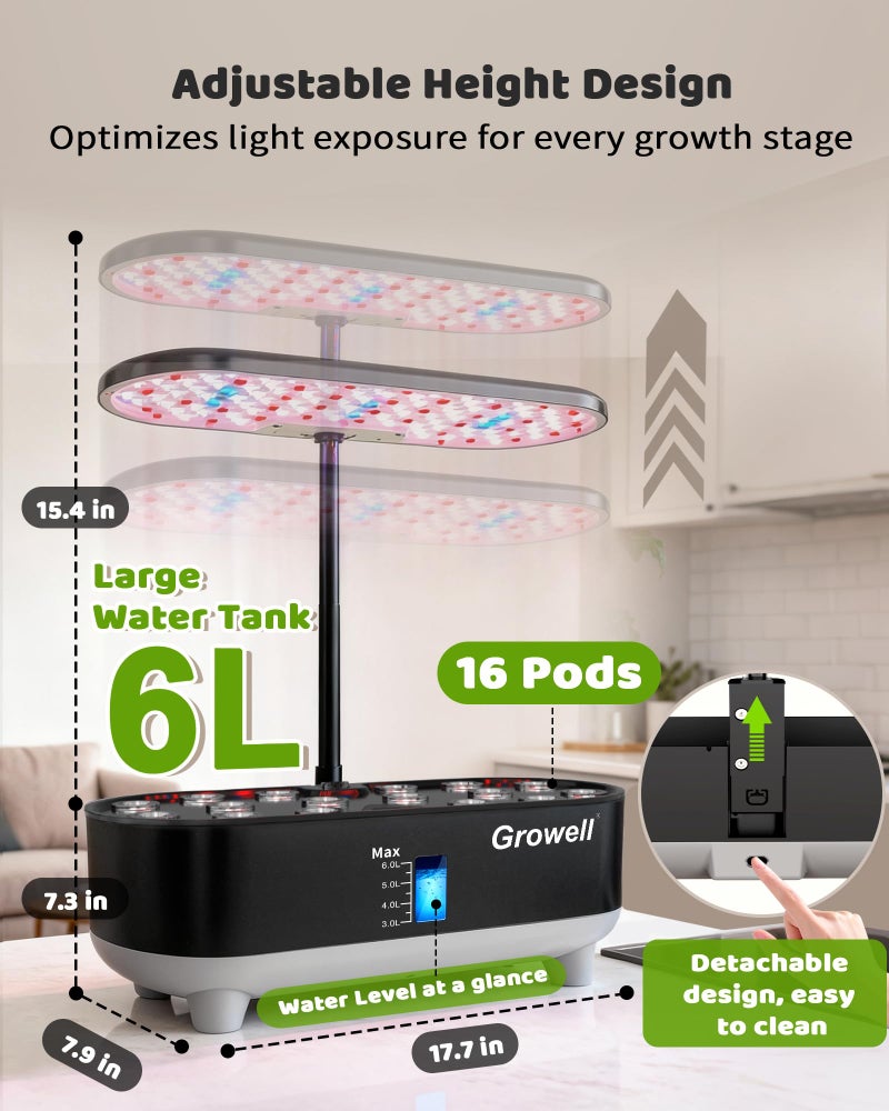 Growell Hydroponics Growing System Kit, 16 Pods, Vertical 8L Indoor Gardening System for Herb Vegetable Fruit, with LED Grow Light, Smart Water Circulation, 3 Light Modes & 2 Timer, Black - Image 3
