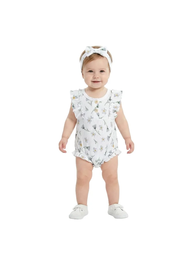 بامبيميسي Toddler Girl Cotton Blue Orchid Romper with Headband – 2-Piece Ruffle Bodysuit Set