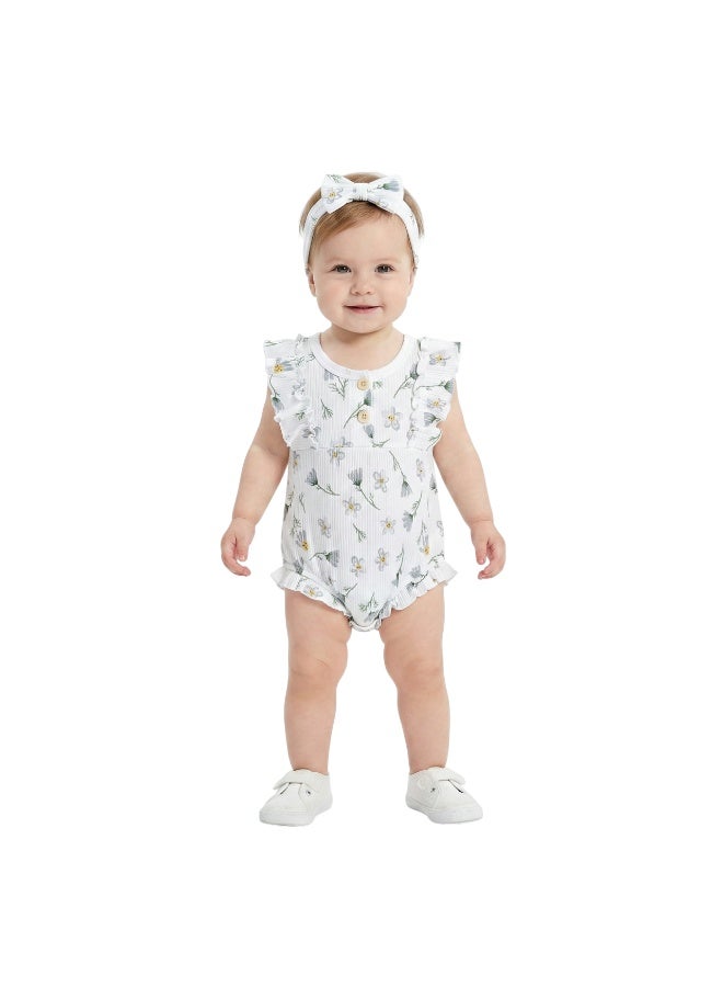 Bambimici Toddler Girl Cotton Blue Orchid Romper with Headband – 2-Piece Ruffle Bodysuit Set - Image 1
