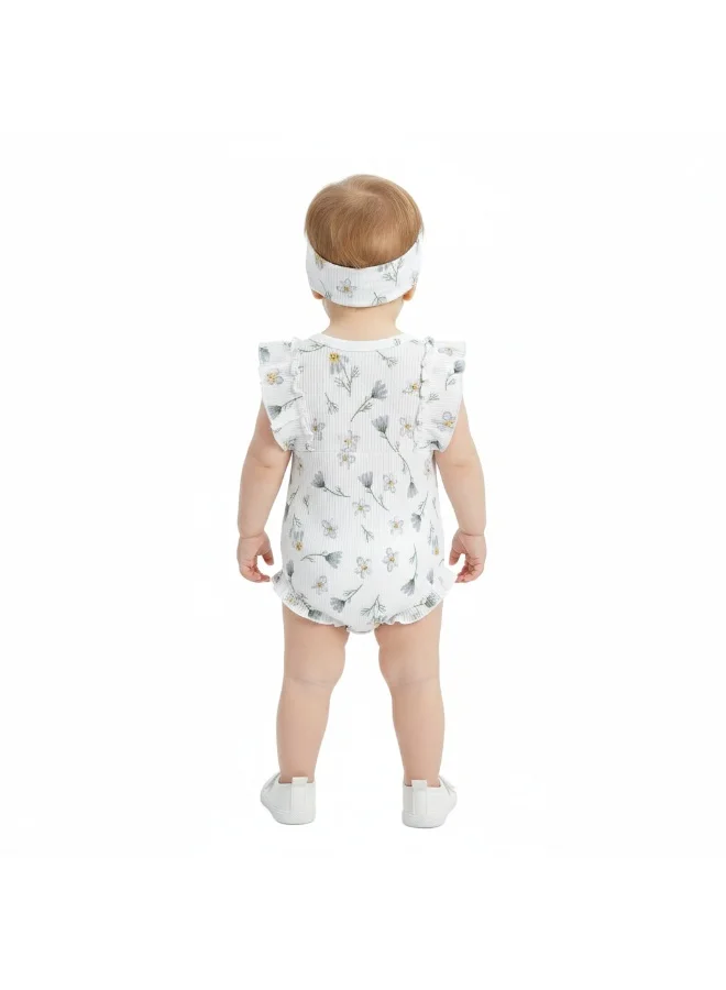 بامبيميسي Toddler Girl Cotton Blue Orchid Romper with Headband – 2-Piece Ruffle Bodysuit Set