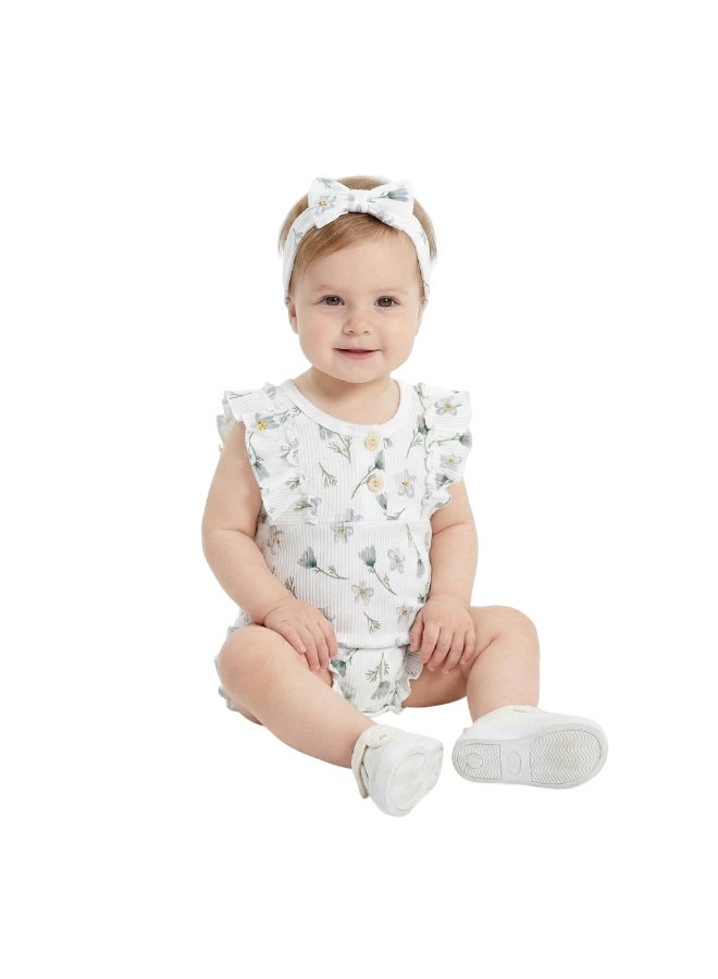 Bambimici Toddler Girl Cotton Blue Orchid Romper with Headband – 2-Piece Ruffle Bodysuit Set - Image 3