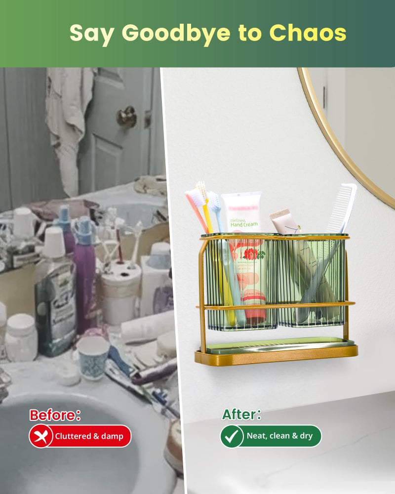 KONE Green Toothbrush Holders for Bathrooms, 2 Cups Toothbrush Holders Wall Mounted, Dry & Wet Separation, Bathroom Organizers and Storage, Bathroom Toothbrush Holder Set for Family Kids - Image 5