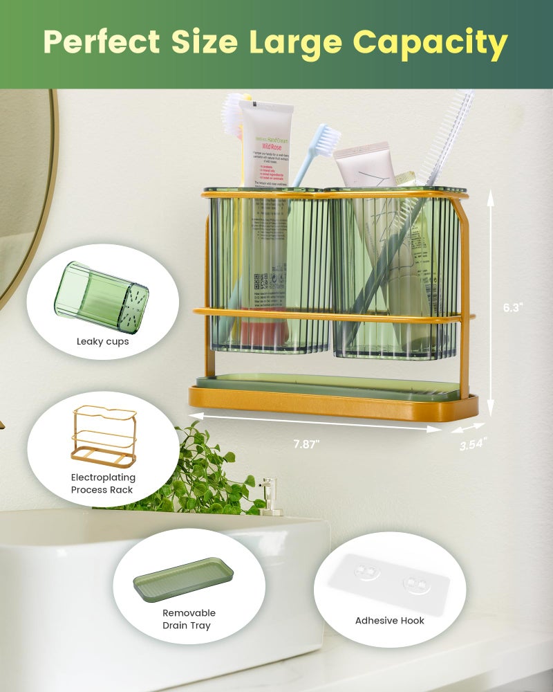 KONE Green Toothbrush Holders for Bathrooms, 2 Cups Toothbrush Holders Wall Mounted, Dry & Wet Separation, Bathroom Organizers and Storage, Bathroom Toothbrush Holder Set for Family Kids - Image 2