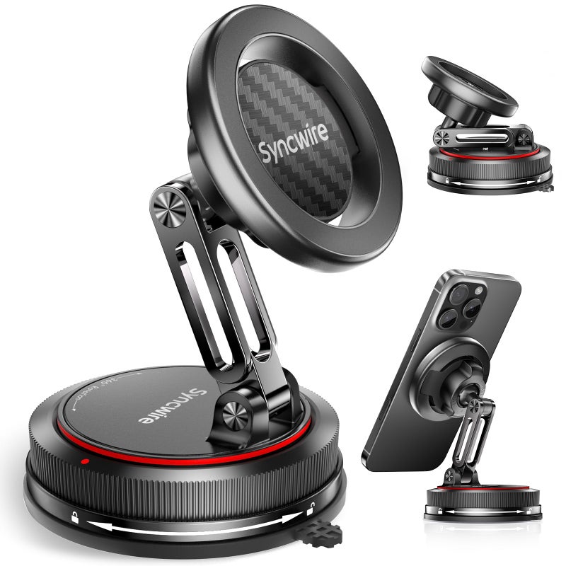 SYNCWIRE for MagSafe Car Mount [2-Axis Design] Nano Adhesive Gel + Suction Cup Magnetic Phone Holder for Dashboard & Windshield, 360Â° Adjustable for iPhone 17 16 15 14 13 12 11, Samsung, Carbon Fiber - Image 1