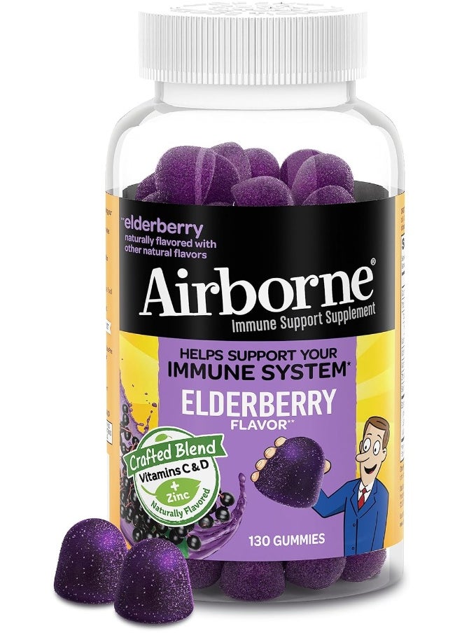 Airborne - Airborne Elderberry + Zinc & Vitamin C Gummies For Adults, Immune Support Vitamin D & Zinc Gummies with Powerful Antioxidant Vitamins C D & E - 130 Gummies, Elderberry Flavor - Image 1