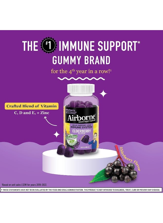 Airborne - Airborne Elderberry + Zinc & Vitamin C Gummies For Adults, Immune Support Vitamin D & Zinc Gummies with Powerful Antioxidant Vitamins C D & E - 130 Gummies, Elderberry Flavor - Image 1