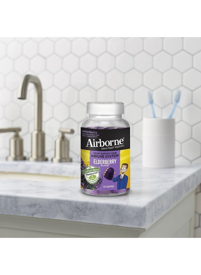 Airborne - Airborne Elderberry + Zinc & Vitamin C Gummies For Adults, Immune Support Vitamin D & Zinc Gummies with Powerful Antioxidant Vitamins C D & E - 130 Gummies, Elderberry Flavor - Image 1