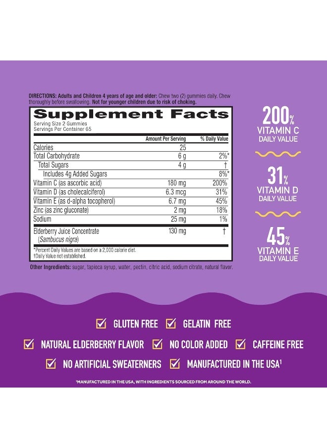 Airborne - Airborne Elderberry + Zinc & Vitamin C Gummies For Adults, Immune Support Vitamin D & Zinc Gummies with Powerful Antioxidant Vitamins C D & E - 130 Gummies, Elderberry Flavor - Image 1