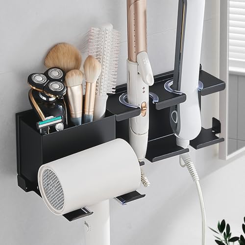 HOHOWU Hair Tool Organizer Wall Mounted,Hair Dryer Holder,blow dryer,curling iron,Straightener holder,Metal 3 in 1 Bathroom Bedroom Hair Accessories Tools Organizer Rack.Black - Image 1