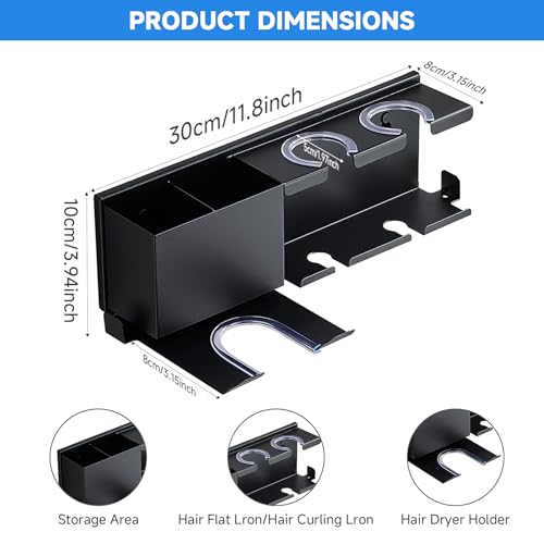 HOHOWU Hair Tool Organizer Wall Mounted,Hair Dryer Holder,blow dryer,curling iron,Straightener holder,Metal 3 in 1 Bathroom Bedroom Hair Accessories Tools Organizer Rack.Black - Image 2